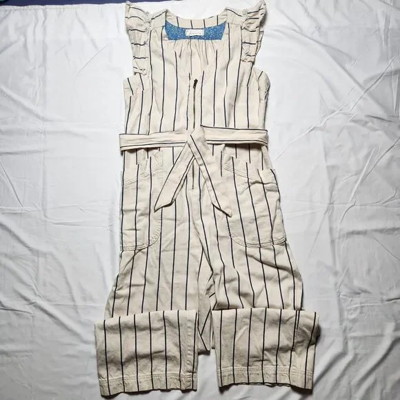 Anthropologie Womens 12 Heeda Ruffle Sleeve Striped Denim Jumpsuit Ivory Blue - Picture 2 of 9